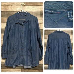 Isaac Mizhari Chambray Button Up Shirt Women’s 18W Blue Lightweight Roll Sleeve